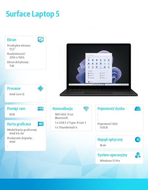 Microsoft Laptop 5 Win11Pro i5-1245U/8GB/512GB/13.5 cala Commercial Black/R1T-00032