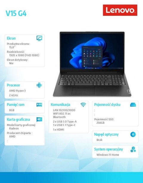 Lenovo Laptop V15 G4 82YU00UNPB W11Home 7320U/8GB/256GB/AMD Radeon/15.6 FHD/Black/3YRS OS