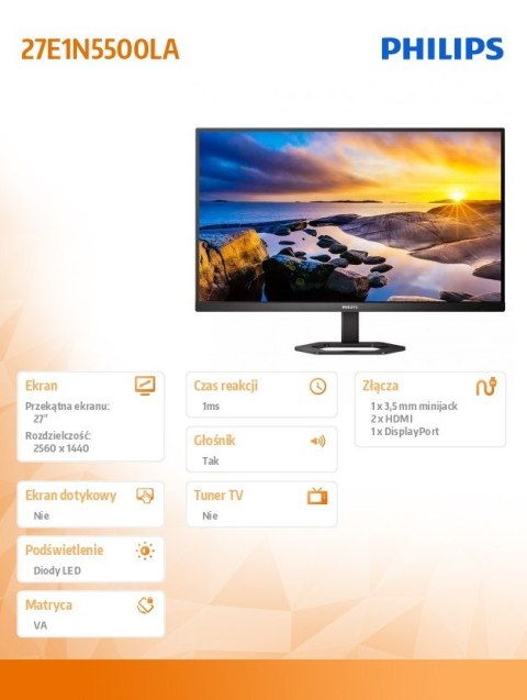 Philips Monitor 27 cali 27E1N5500LA VA HDMIx2 DP Pivot Głośniki