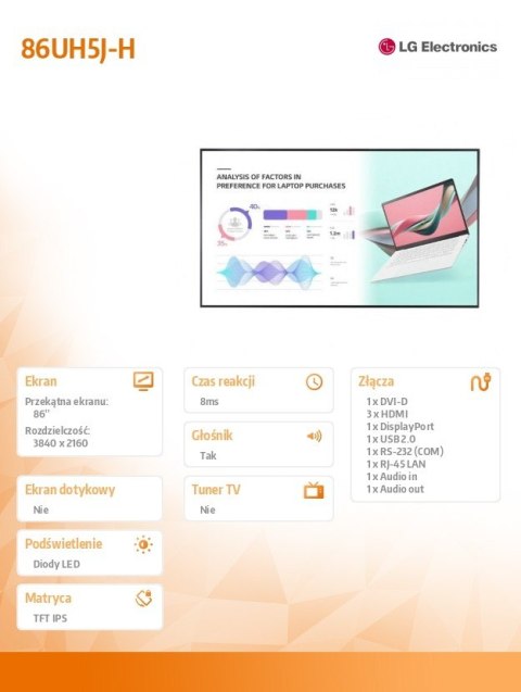 LG Electronics Monitor 86 cali 86UH5J-H UHD IPS 500cd/m2 24/7