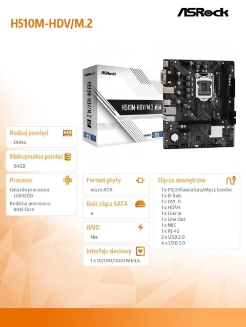ASRock Płyta główna H510M-HDV/M.2 SE s1200 2DDR4 HDMI/DVI mATX ASRock Płyta główna H510M-HDV/M.2 SE s1200 2DDR4 HDMI/DVI mATX