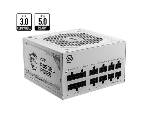 MSI Zasilacz modularny MAG A850GL PCIE5 850W 80PLUS GOLD biały MSI Zasilacz modularny MAG A850GL PCIE5 850W 80PLUS GOLD biały