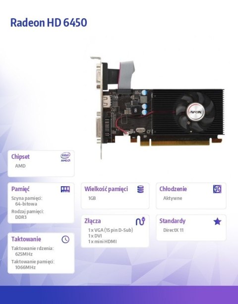 AFOX Karta graficzna Radeon HD 6450 1GB DDR3 64Bit DVI HDMI VGA LP Fan AFOX Karta graficzna Radeon HD 6450 1GB DDR3 64Bit DVI HDMI VGA LP Fan