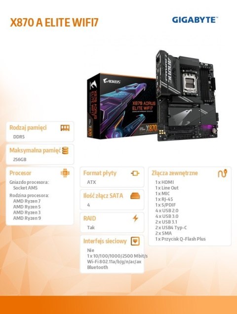 Gigabyte Płyta główna X870 A ELITE WIFI7 AM5 4DDR5 HDMI/USB-C ATX Gigabyte Płyta główna X870 A ELITE WIFI7 AM5 4DDR5 HDMI/USB-C ATX