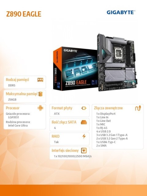 Gigabyte Płyta główna Z890 EAGLE s1851 4DDR5 DP/TB4 ATX Gigabyte Płyta główna Z890 EAGLE s1851 4DDR5 DP/TB4 ATX