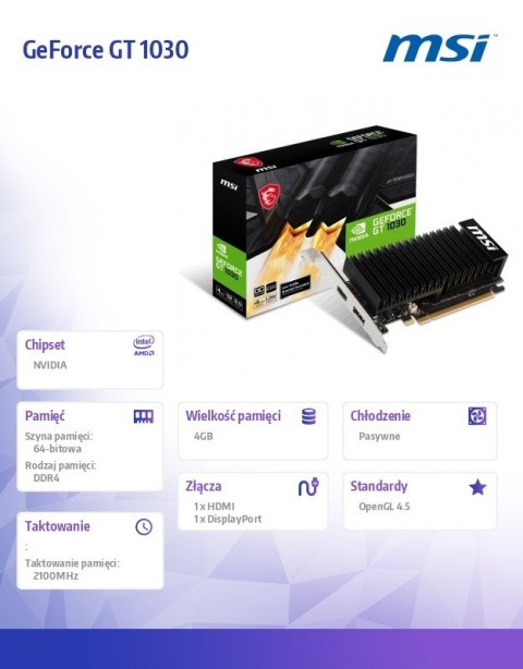 MSI Karta graficzna GeForce GT 1030 4GHD4 LP OC 4GD DR4 64BIT DP/HDMI MSI Karta graficzna GeForce GT 1030 4GHD4 LP OC 4GD DR4 64BIT DP/HDMI