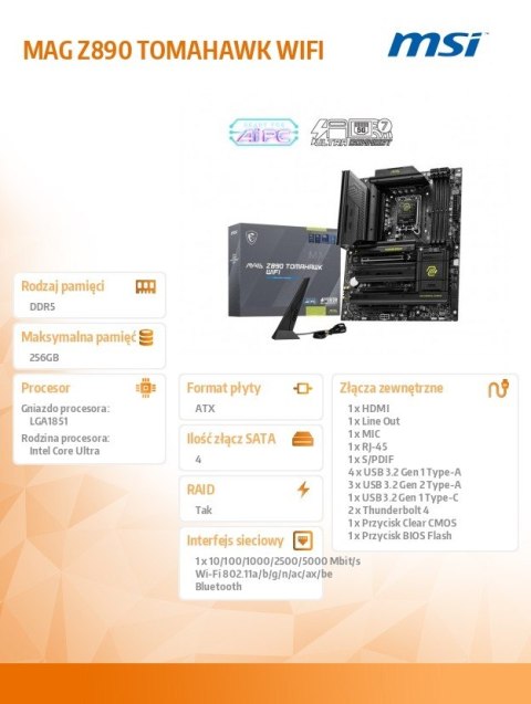 MSI Płyta główna MAG Z890 TOMAHAWK WIFI s1851 4DDR5 ATX MSI Płyta główna MAG Z890 TOMAHAWK WIFI s1851 4DDR5 ATX