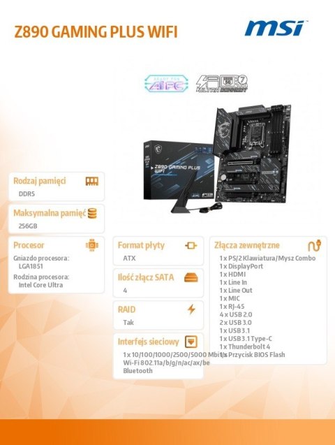 MSI Płyta główna Z890 GAMING PLUS WIFI s1851 4DDR5 ATX MSI Płyta główna Z890 GAMING PLUS WIFI s1851 4DDR5 ATX