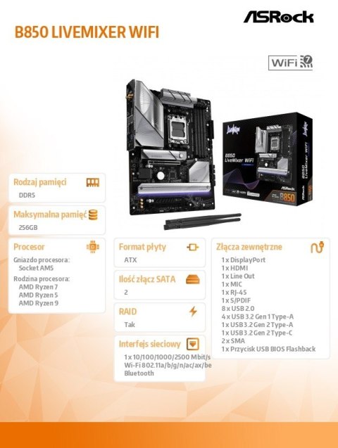 ASRock Płyta główna B850 LIVEMIXER WIFI AM5 4DDR5 USB3.2 ATX