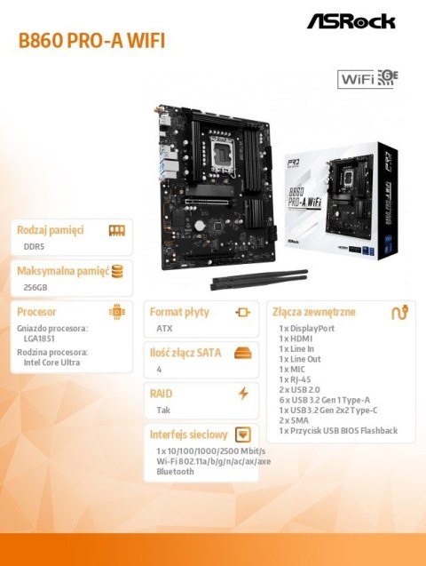 ASRock Płyta główna B860 PRO-A WIFI s1851 4DDR5 ATX