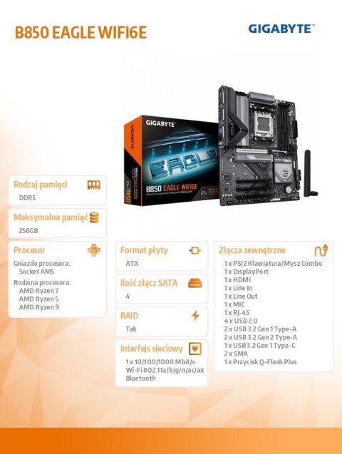 Gigabyte Płyta główna B850 EAGLE WIFI6E Gigabyte Płyta główna B850 EAGLE WIFI6E
