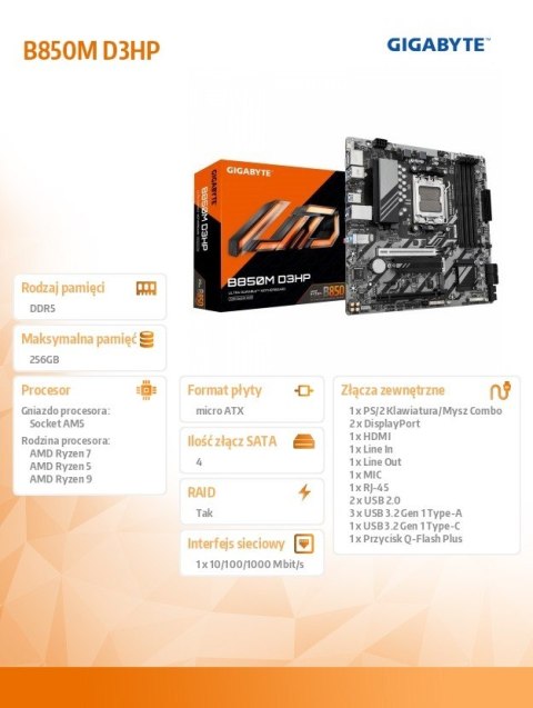 Gigabyte Płyta główna B850M D3HP Gigabyte Płyta główna B850M D3HP