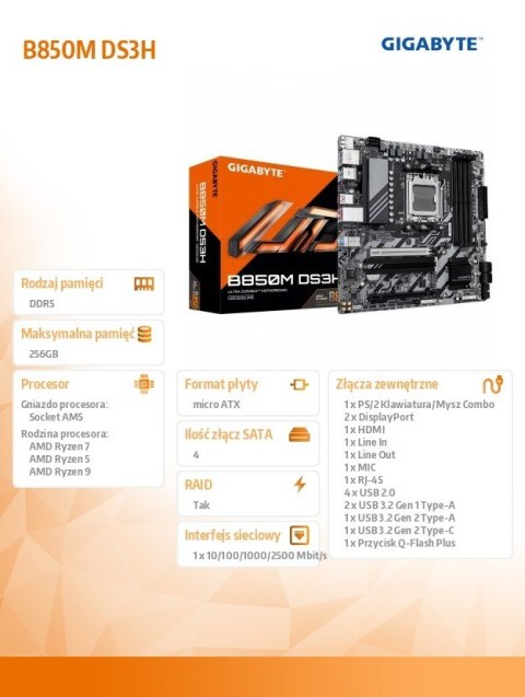 Gigabyte Płyta główna B850M DS3H Gigabyte Płyta główna B850M DS3H
