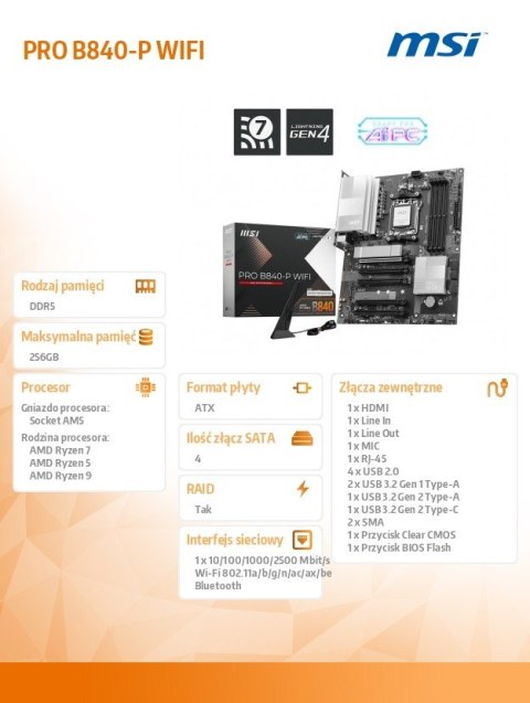 MSI Płyta główna PRO B840-P WIFI AM5 4DD R5 ATX