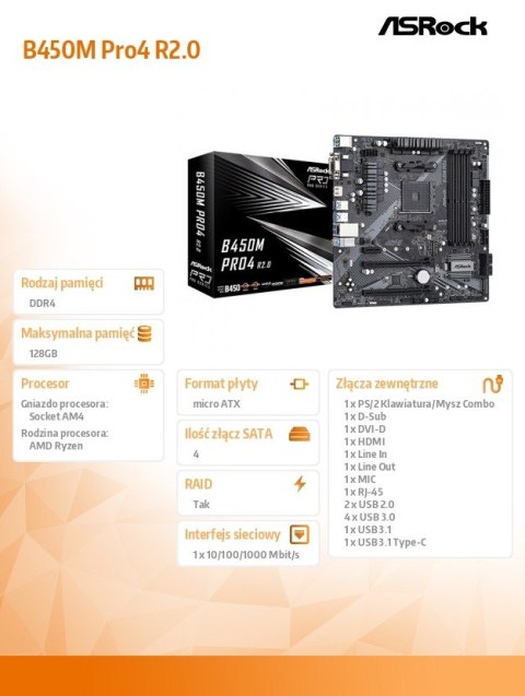 ASRock Płyta główna B450M PRO4 R2.0 AM4 4DDR4 HDMI uATX ASRock Płyta główna B450M PRO4 R2.0 AM4 4DDR4 HDMI uATX