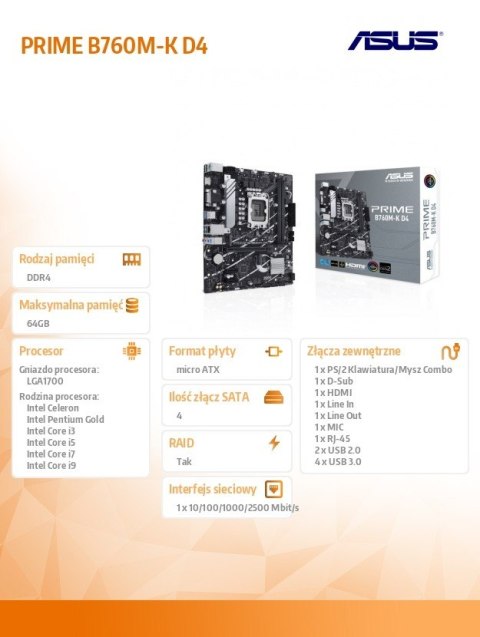 Asus Płyta główna PRIME B760M-K D4 s1700 DDR4 HDMI mATX