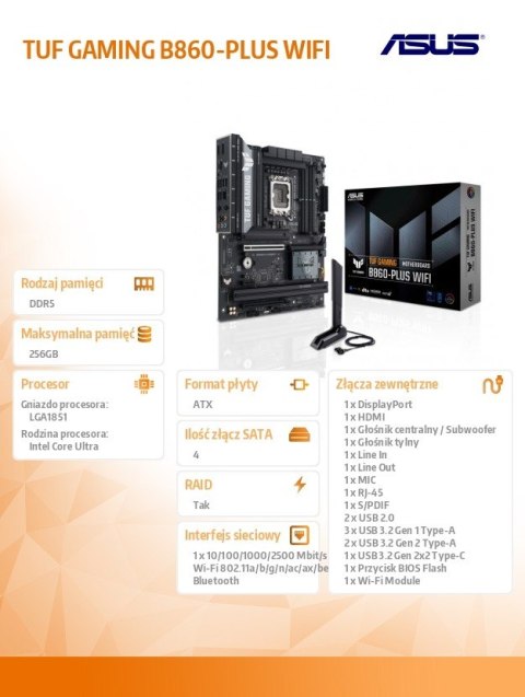 Asus Płyta główna TUF GAMING B860-PLUS WIFI s1851 4DDR5 USBC ATX