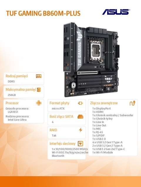 Asus Płyta główna TUF GAMING B860M-PLUS s1851 4DDR5 USBC mATX Asus Płyta główna TUF GAMING B860M-PLUS s1851 4DDR5 USBC mATX
