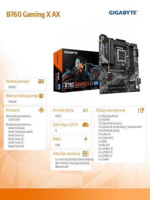 Gigabyte Płyta główna B760 Gaming X AX s1700 4DDR5 DP/HDMI ATX Gigabyte Płyta główna B760 Gaming X AX s1700 4DDR5 DP/HDMI ATX