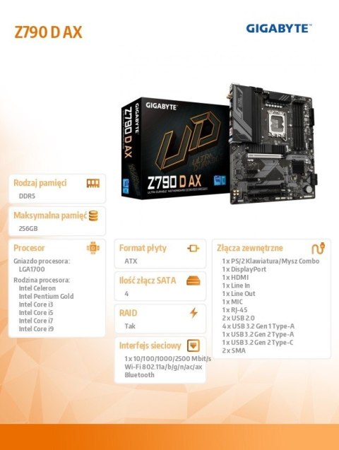 Gigabyte Płyta główna Z790 D AX s1700 4DDR5 HDMI/DP ATX Gigabyte Płyta główna Z790 D AX s1700 4DDR5 HDMI/DP ATX
