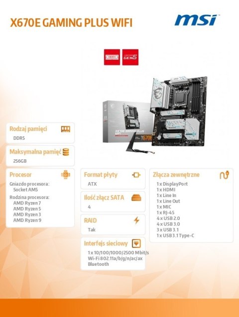 MSI Płyta główna X670E GAMING PLUS WIFI AM5 4DDR5 HDMI ATX MSI Płyta główna X670E GAMING PLUS WIFI AM5 4DDR5 HDMI ATX