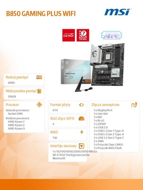 MSI Płyta główna B850 GAMING PLUS WIFI A M5 4DDR5 ATX MSI Płyta główna B850 GAMING PLUS WIFI A M5 4DDR5 ATX