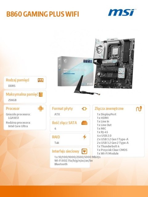 MSI Płyta główna B860 GAMING PLUS WIFI s1851 4DDR5 ATX
