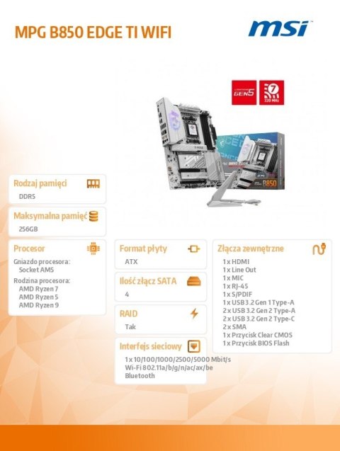 MSI Płyta główna MPG B850 EDGE TI WIFI AM5 4DDR5 ATX MSI Płyta główna MPG B850 EDGE TI WIFI AM5 4DDR5 ATX