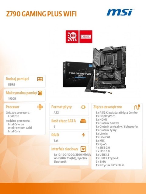 MSI Płyta główna Z790 GAMING PLUS WIFI s1700 4DDR5 HDMI ATX MSI Płyta główna Z790 GAMING PLUS WIFI s1700 4DDR5 HDMI ATX
