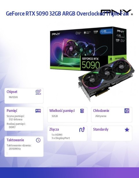 PNY Karta graficzna GeForce RTX5090 OC ARGB 3F 32GB 512-bit 1792GB/s