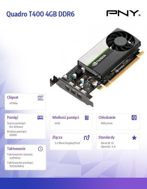 PNY Karta graficzna Quadro T400 4GB DDR6 VCNT400-4GB-SB PNY Karta graficzna Quadro T400 4GB DDR6 VCNT400-4GB-SB