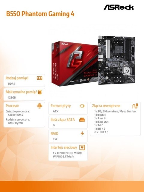 ASRock Płyta główna B550 Phantom Gaming 4 AM4 4DDR4 HDMI M.2 ATX ASRock Płyta główna B550 Phantom Gaming 4 AM4 4DDR4 HDMI M.2 ATX
