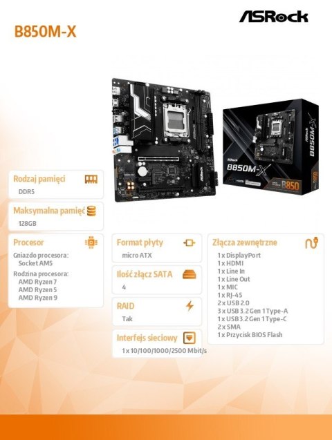 ASRock Płyta główna B850M-X AM5 2DDR5 M.2 USBC mATX