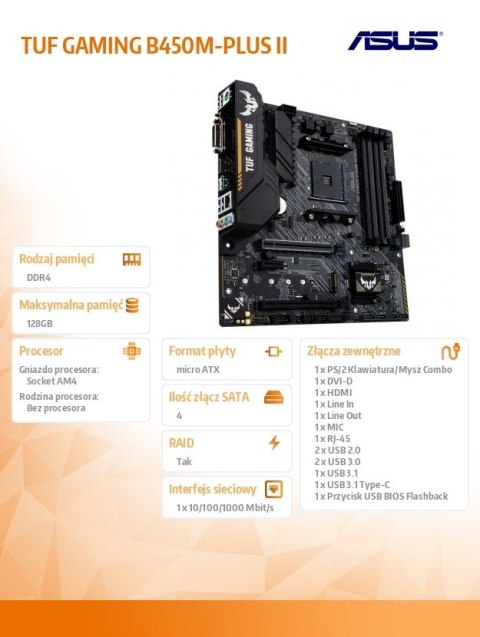 Asus Płyta główna TUF B450M-PLUS II AM4 4DDR4 DVI/HDMI uATX Asus Płyta główna TUF B450M-PLUS II AM4 4DDR4 DVI/HDMI uATX