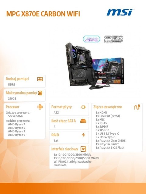 MSI Płyta główna MPG X870E CARBON WIFI AM5 4DDR5 ATX MSI Płyta główna MPG X870E CARBON WIFI AM5 4DDR5 ATX