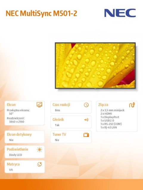NEC Monitor wielkoformatowy MultiSync M501-2 50 cali UHD 500cd/m2 24/7