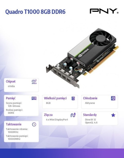PNY Karta graficzna Quadro T1000 8GB DDR6 VCNT1000-8GB-PB PNY Karta graficzna Quadro T1000 8GB DDR6 VCNT1000-8GB-PB