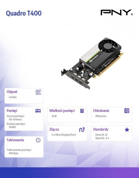 PNY Karta graficzna Quadro T400 4GB DDR6 VCNT400-4GB-PB PNY Karta graficzna Quadro T400 4GB DDR6 VCNT400-4GB-PB