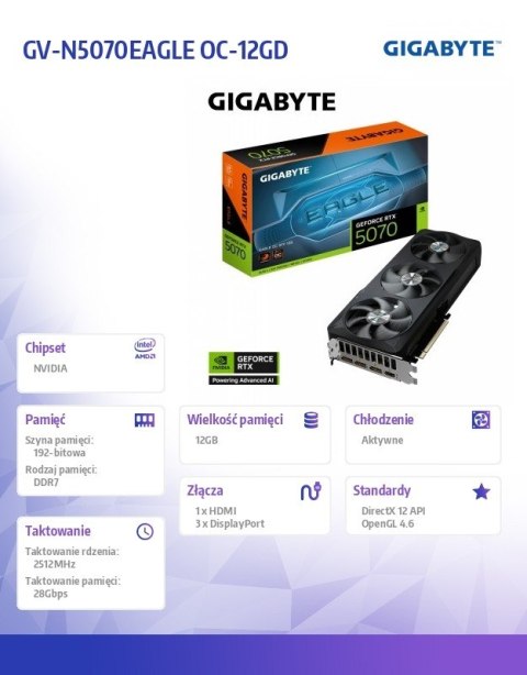 Gigabyte Karta graficzna GeForce RTX 5070 EAGLE OC SSF 12GB 192bit HDMI