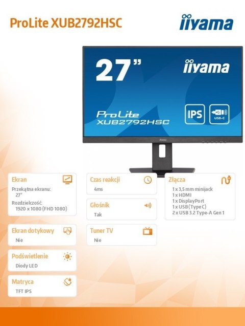 IIYAMA Monitor 27 cali XUB2792HSC-B5 IPS,FHD,USB-C,HDMI,DP,USB3.0,HAS(150mm)