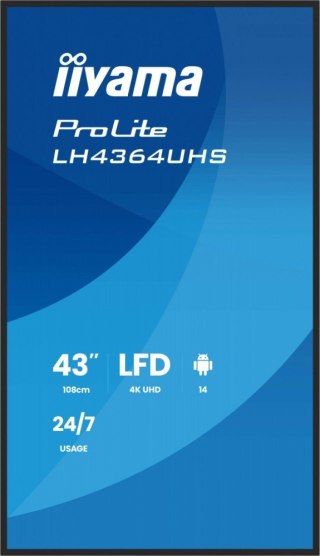 IIYAMA Monitor 43 cale LH4364UHS-B1AG 24/7,VA,ANDROID14,4K,500cd,4000:1,2xHDMI,USB-C,RJ45, RS-232c, IR, 2x10W, 2xUSB, UCHWYT ŚCIENNY