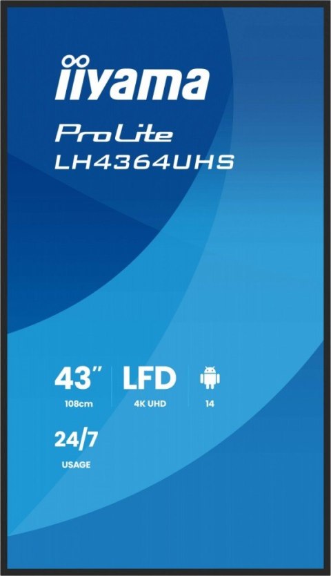 IIYAMA Monitor 43 cale LH4364UHS-B1AG 24/7,VA,ANDROID14,4K,500cd,4000:1,2xHDMI,USB-C,RJ45, RS-232c, IR, 2x10W, 2xUSB, UCHWYT ŚCIENNY