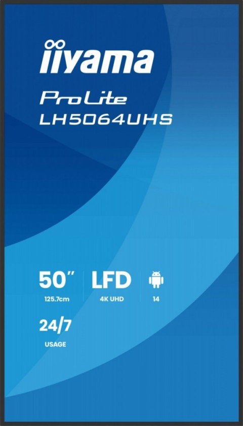 IIYAMA Monitor 50 cali LH5064UHS-B1AG, 24/7,IPS,ANDROID14,4K,500cd,1200:1, 2xHDMI ,USB-C,RJ45, RS-232c, IR, 2x10W, 2xUSB, UCHWYT ŚCIE