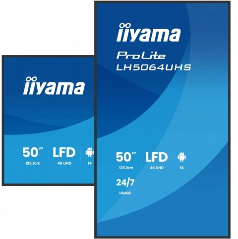 IIYAMA Monitor 50 cali LH5064UHS-B1AG, 24/7,IPS,ANDROID14,4K,500cd,1200:1, 2xHDMI ,USB-C,RJ45, RS-232c, IR, 2x10W, 2xUSB, UCHWYT ŚCIE