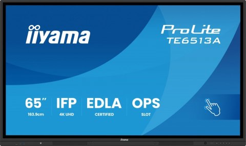 IIYAMA Monitor 65 cali TE6513A-B1AG INFRARED,40pkt,IPS,4K,7H,450cd/m2, WiFi,USB, ANDROID 14, Google EDLA,2x20W, UCHWYT CIENNY