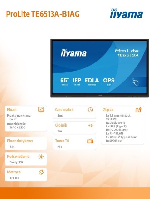 IIYAMA Monitor 65 cali TE6513A-B1AG INFRARED,40pkt,IPS,4K,7H,450cd/m2, WiFi,USB, ANDROID 14, Google EDLA,2x20W, UCHWYT CIENNY