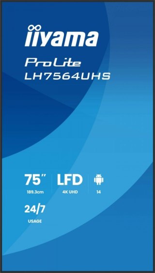 IIYAMA Monitor 75 cali LH7564UHS-B1AG, 24/7,VA,ANDROID14,4K,500cd,5000:1, 2xHDMI ,USB-C,RJ45, RS-232c, IR, 2x10W, 2xUSB, UCHWYT ŚCIE