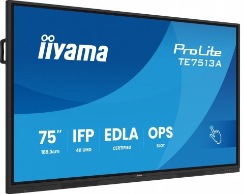 IIYAMA Monitor 75 cali TE7513A-B1AG INFRARED,40pkt,IPS,4K,7H,450cd/m2, WiFi,USB, ANDROID 14, Google EDLA,2x20W, UCHWYT CIENNY