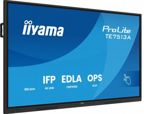 IIYAMA Monitor 75 cali TE7513A-B1AG INFRARED,40pkt,IPS,4K,7H,450cd/m2, WiFi,USB, ANDROID 14, Google EDLA,2x20W, UCHWYT CIENNY