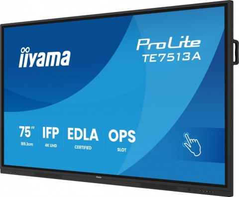 IIYAMA Monitor 75 cali TE7513A-B1AG INFRARED,40pkt,IPS,4K,7H,450cd/m2, WiFi,USB, ANDROID 14, Google EDLA,2x20W, UCHWYT CIENNY